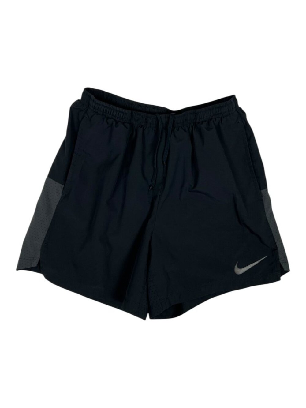 Nike Dri Fit Running Athletic Shorts Women’s Size M Black Gray Stripe Swoosh